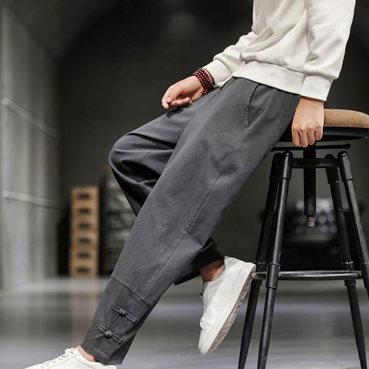 Buddha Stones Pantalon en coton pour homme, longueur cheville, taille élastique avec cordon de serrage et boutons brandebourg. - image 12