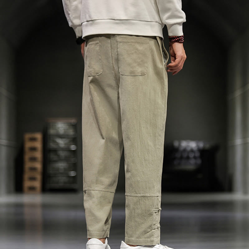 Buddha Stones Pantalon en coton pour homme, longueur cheville, taille élastique avec cordon de serrage et boutons brandebourg. - image 8