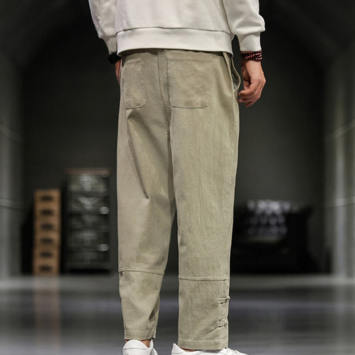 Buddha Stones Pantalon en coton pour homme, longueur cheville, taille élastique avec cordon de serrage et boutons brandebourg. - image 8