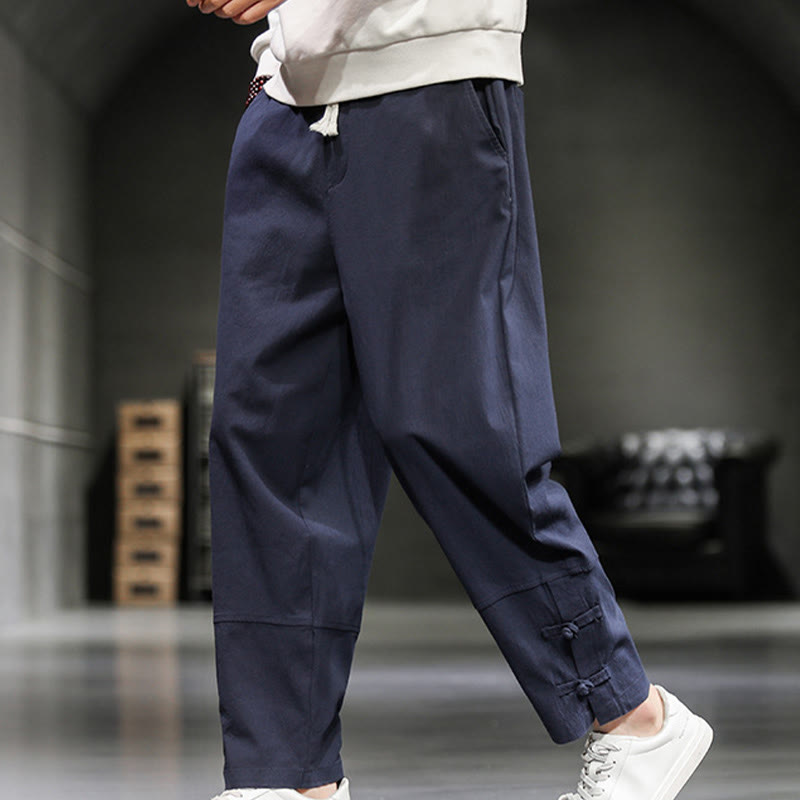 Buddha Stones Pantalon en coton pour homme, longueur cheville, taille élastique avec cordon de serrage et boutons brandebourg. - image 32