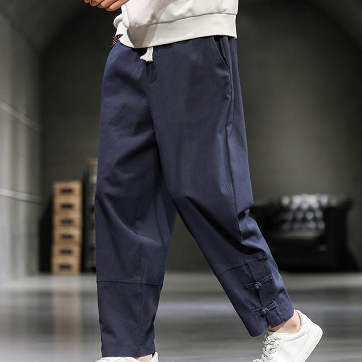 Buddha Stones Pantalon en coton pour homme, longueur cheville, taille élastique avec cordon de serrage et boutons brandebourg. - image 32