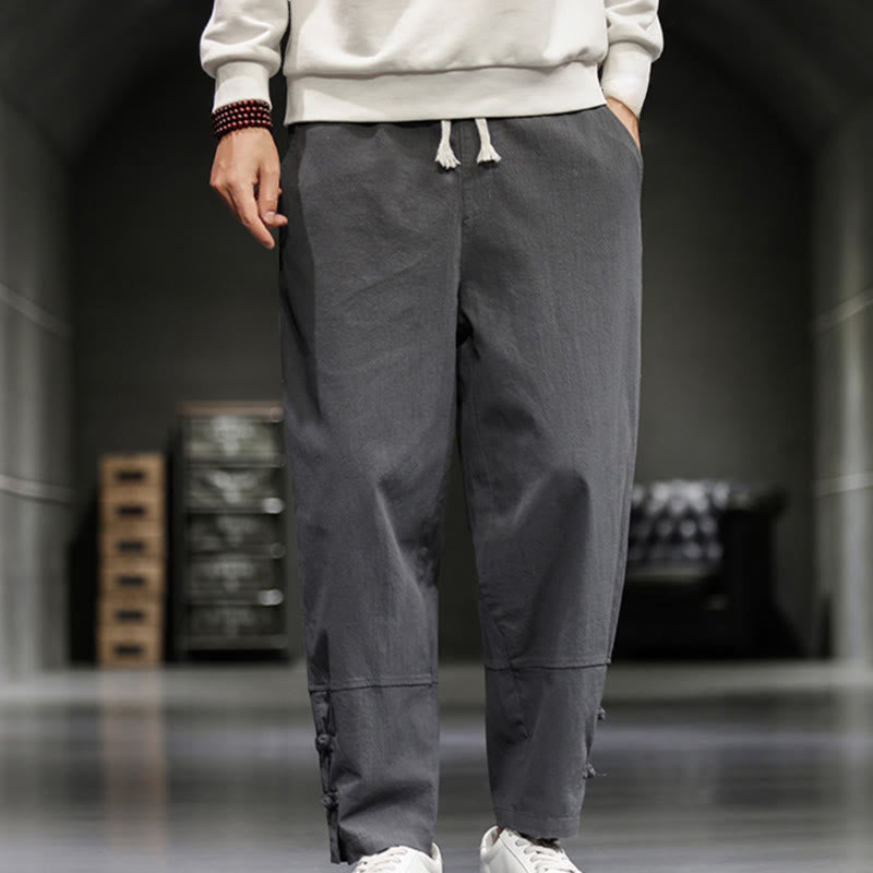 Buddha Stones Pantalon en coton pour homme, longueur cheville, taille élastique avec cordon de serrage et boutons brandebourg. - Gris - US/UK/AU46，EU56 (5XL) - image 9