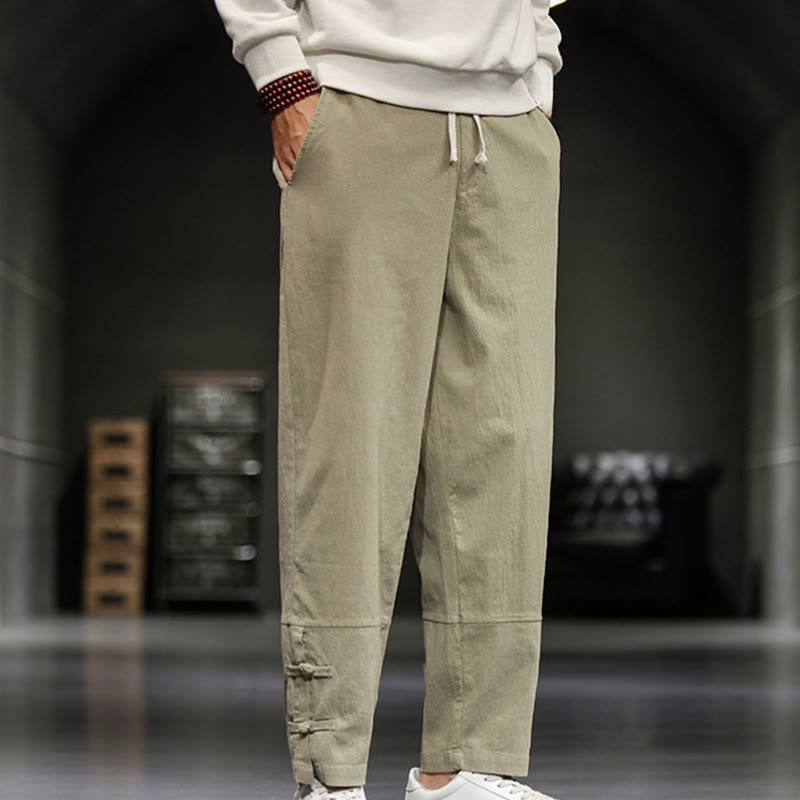 Buddha Stones Pantalon en coton pour homme, longueur cheville, taille élastique avec cordon de serrage et boutons brandebourg. - image 3