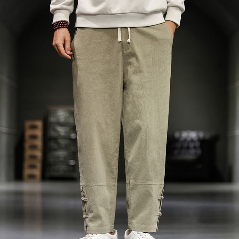 Buddha Stones Pantalon en coton pour homme, longueur cheville, taille élastique avec cordon de serrage et boutons brandebourg. - image 1