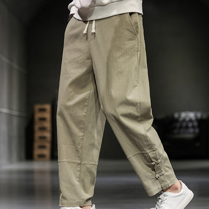 Buddha Stones Pantalon en coton pour homme, longueur cheville, taille élastique avec cordon de serrage et boutons brandebourg. - image 5