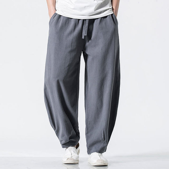Buddha Stones Pantalon en coton pour homme, longueur cheville, taille élastique avec cordon de serrage et poches - image 1