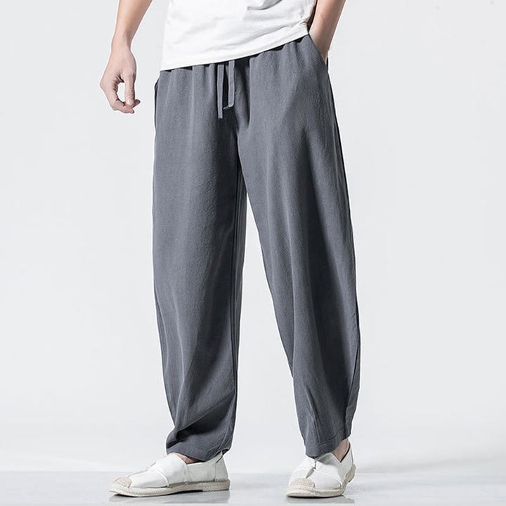 Buddha Stones Pantalon en coton pour homme, longueur cheville, taille élastique avec cordon de serrage et poches - image 3