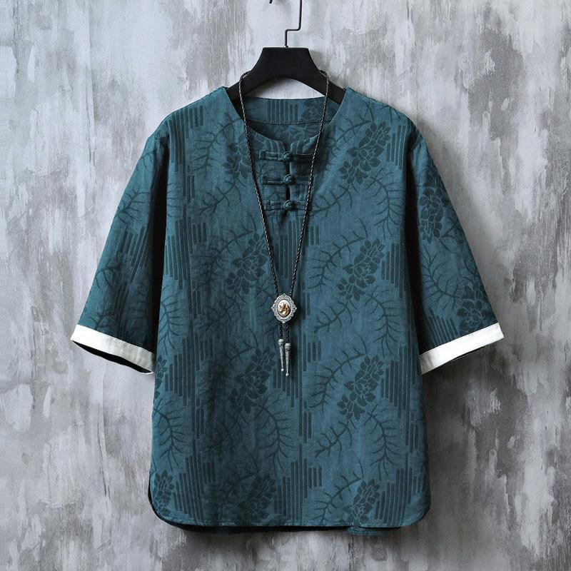 Buddha Stones Chemise homme en coton à manches courtes et boutons brandebourg, motif floral d'été - Sarcelle - US/UK/AU48，EU58 (6XL) - image 0