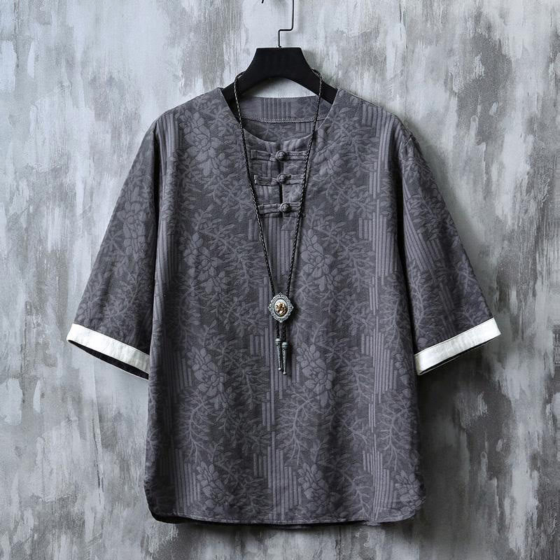 Buddha Stones Chemise homme en coton à manches courtes et boutons brandebourg, motif floral d'été - Gris - US/UK/AU48，EU58 (6XL) - image 3