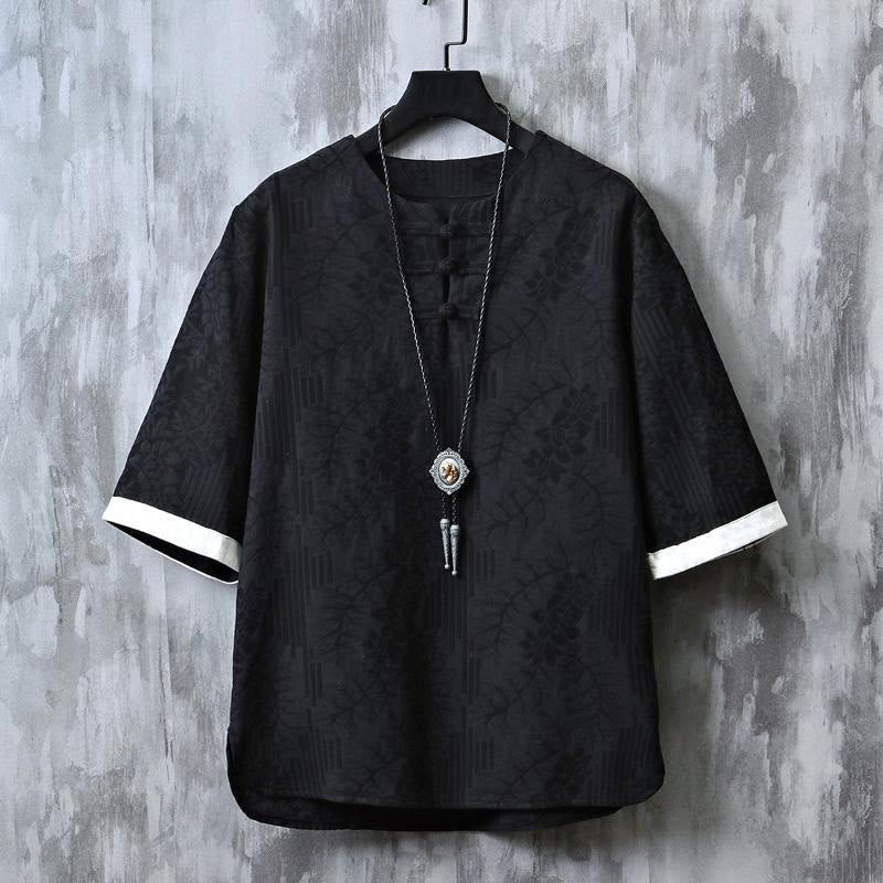 Buddha Stones Chemise homme en coton à manches courtes et boutons brandebourg, motif floral d'été - Noir - US/UK/AU48，EU58 (6XL) - image 10