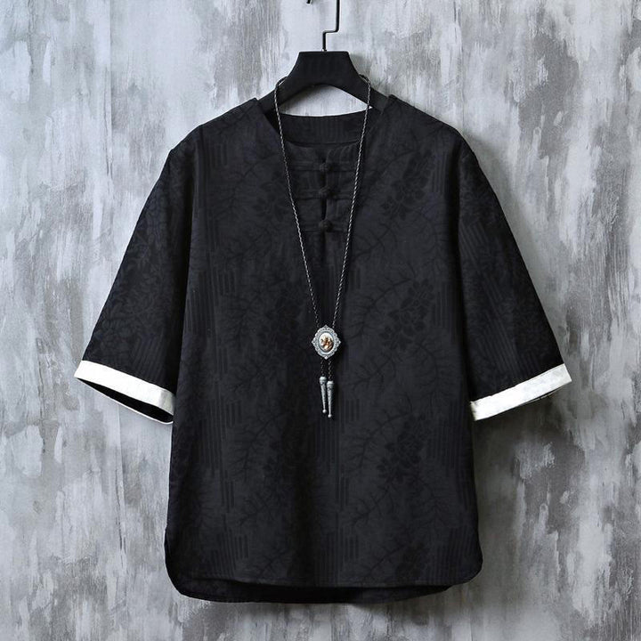 Buddha Stones Chemise homme en coton à manches courtes et boutons brandebourg, motif floral d'été - Noir - US/UK/AU48，EU58 (6XL) - image 10