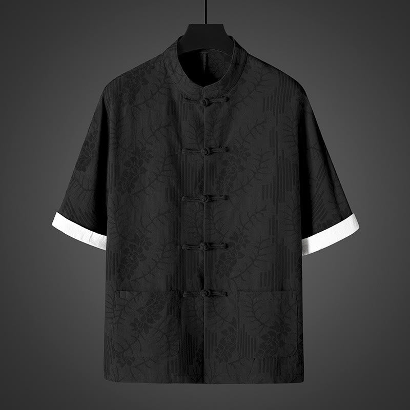 Buddha Stones Chemise d'été pour homme en coton à manches courtes et boutons brandebourg, motif floral - Noir - US/UK/AU46，EU56 (5XL) - image 2