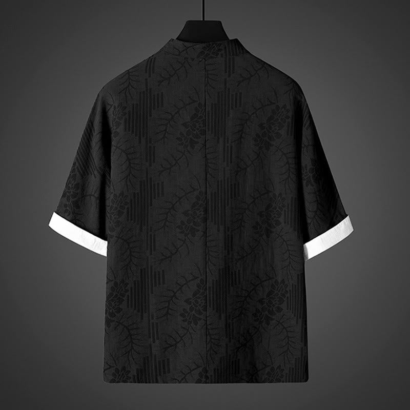 Buddha Stones Chemise d'été pour homme en coton à manches courtes et boutons brandebourg, motif floral - image 3