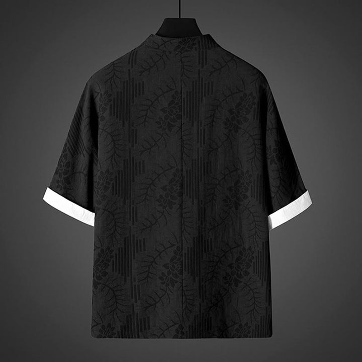 Buddha Stones Chemise d'été pour homme en coton à manches courtes et boutons brandebourg, motif floral - image 3