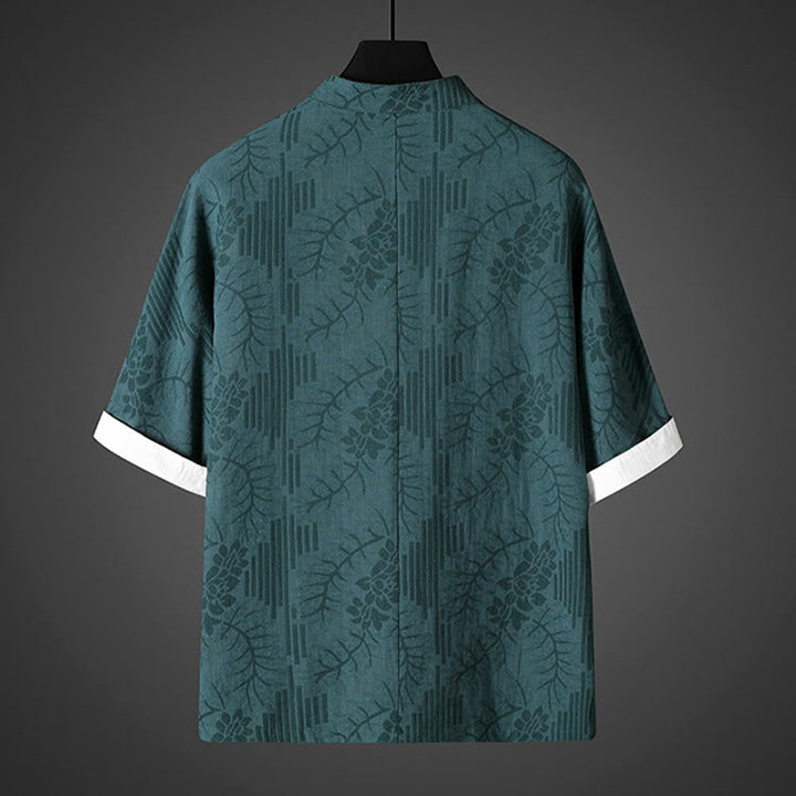 Buddha Stones Chemise d'été pour homme en coton à manches courtes et boutons brandebourg, motif floral - image 5