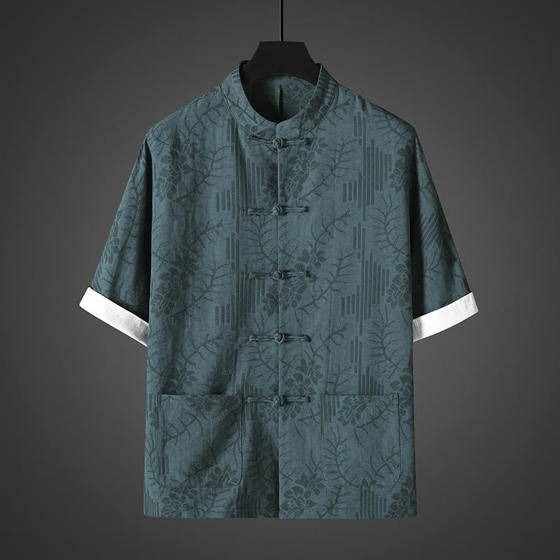Buddha Stones Chemise d'été pour homme en coton à manches courtes et boutons brandebourg, motif floral - Sarcelle - US/UK/AU46，EU56 (5XL) - image 4