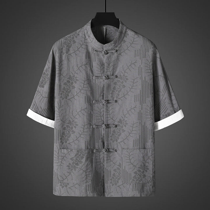 Buddha Stones Chemise d'été pour homme en coton à manches courtes et boutons brandebourg, motif floral - Gris - US/UK/AU46，EU56 (5XL) - image 0