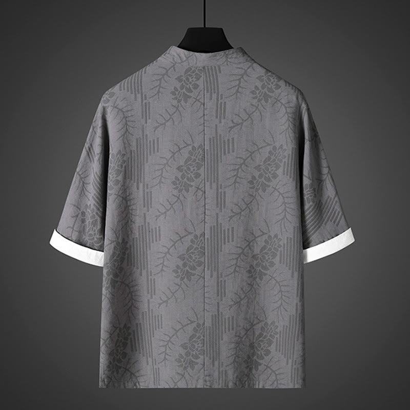 Buddha Stones Chemise d'été pour homme en coton à manches courtes et boutons brandebourg, motif floral - image 1