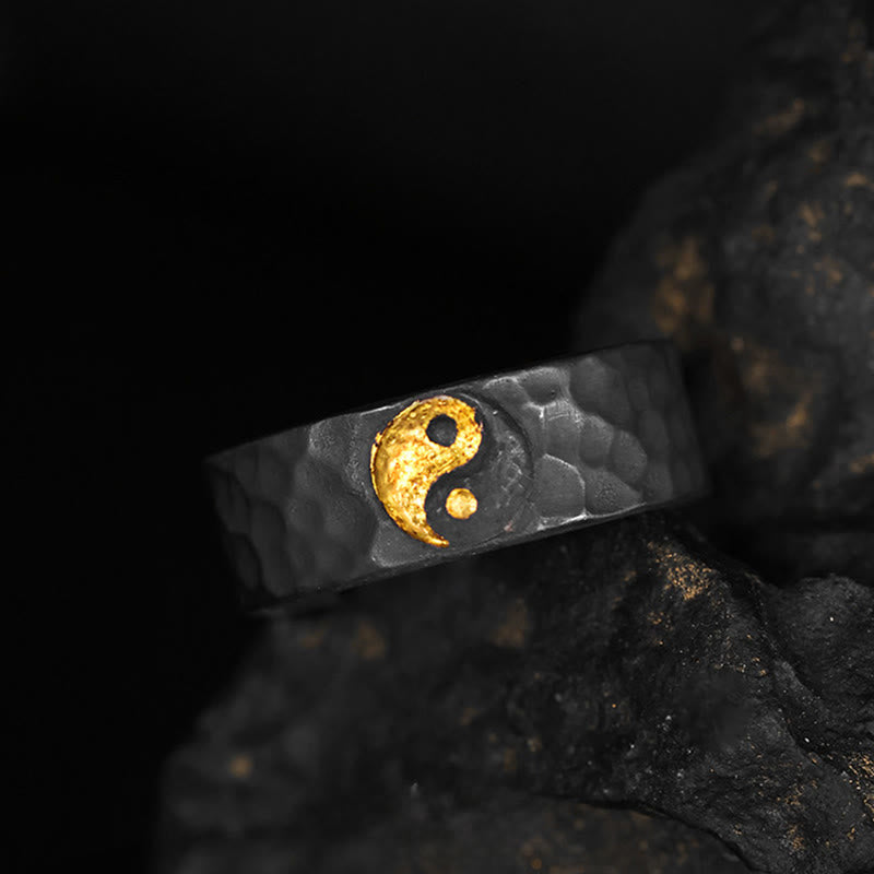 Buddha Stones Bague Yin Yang texturée en argent sterling 999 et or 999, fabriquée à la main. - image 2