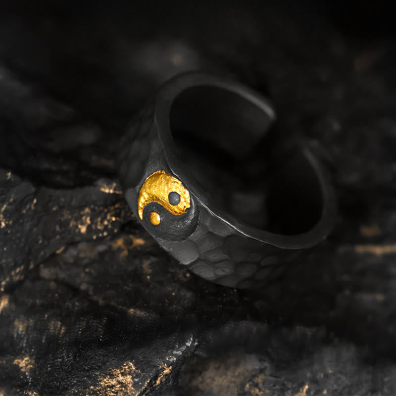 Buddha Stones Bague Yin Yang texturée en argent sterling 999 et or 999, fabriquée à la main. - image 1