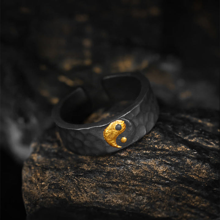 Buddha Stones Bague Yin Yang texturée en argent sterling 999 et or 999, fabriquée à la main. - image 3
