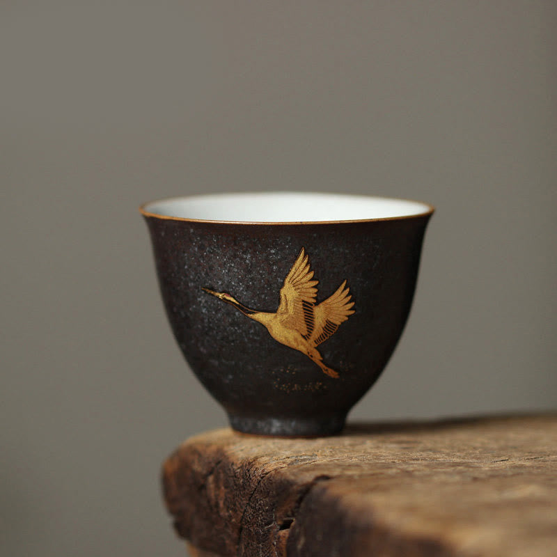 Buddha Stones Petite tasse à thé en céramique peinte à la main, motif grue dorée, 40 ml - Grue volante 6 cm x 4,8 cm x 40 ml - image 3