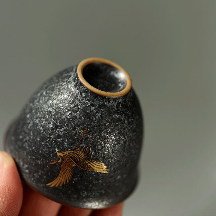 Buddha Stones Petite tasse à thé en céramique peinte à la main, motif grue dorée, 40 ml - image 7