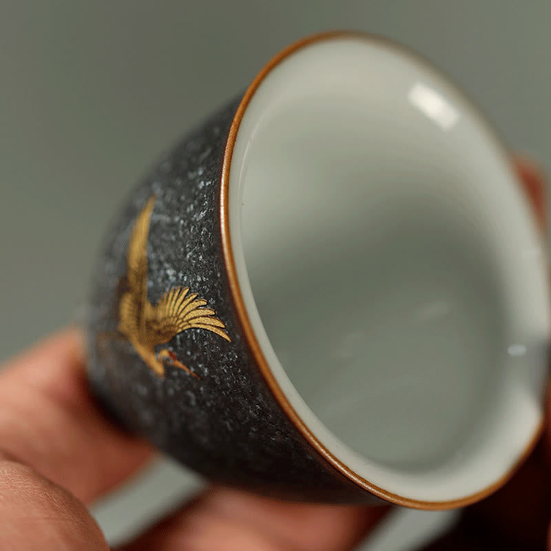 Buddha Stones Petite tasse à thé en céramique peinte à la main, motif grue dorée, 40 ml - image 6