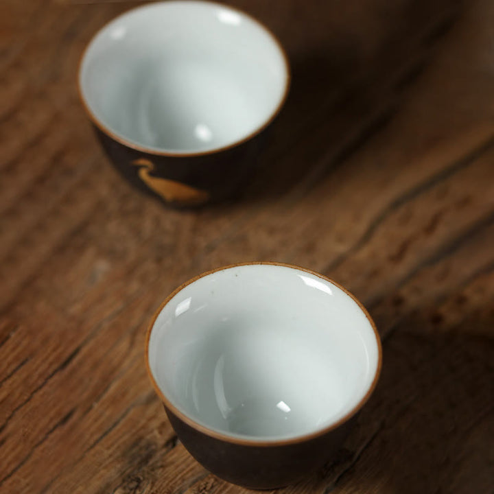 Buddha Stones Petite tasse à thé en céramique peinte à la main, motif grue dorée, 40 ml - image 9