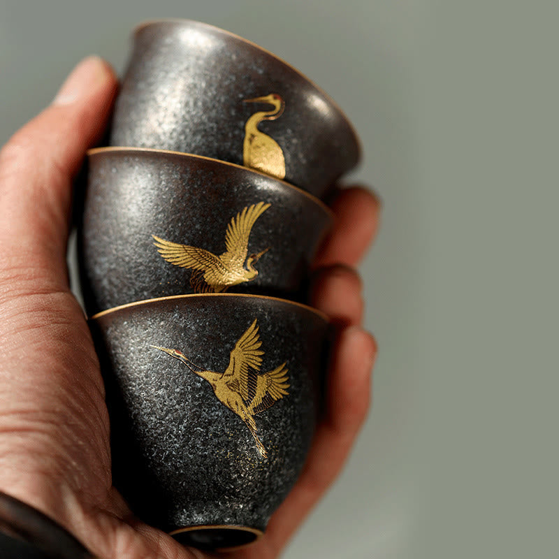 Buddha Stones Petite tasse à thé en céramique peinte à la main, motif grue dorée, 40 ml - image 10