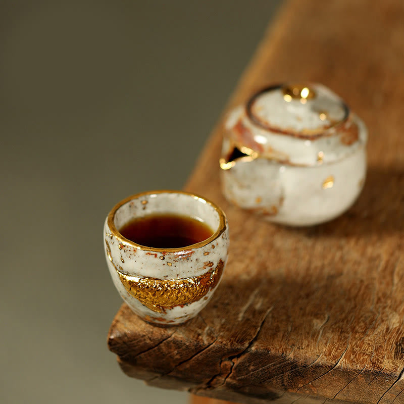 Buddha Stones Tasse à thé en céramique artisanale en forme de carpe koi arowana dorée, tasse à thé Kung Fu, théière - Tasse + Théière - image 10