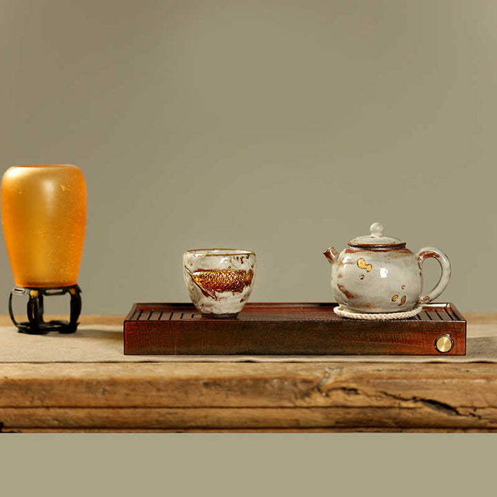 Buddha Stones Tasse à thé en céramique artisanale en forme de carpe koi arowana dorée, tasse à thé Kung Fu, théière - image 12