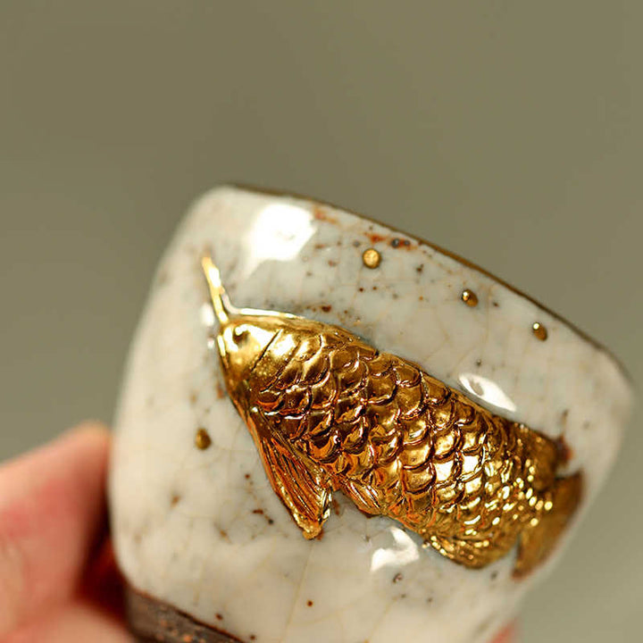 Buddha Stones Tasse à thé en céramique artisanale en forme de carpe koi arowana dorée, tasse à thé Kung Fu, théière - image 5