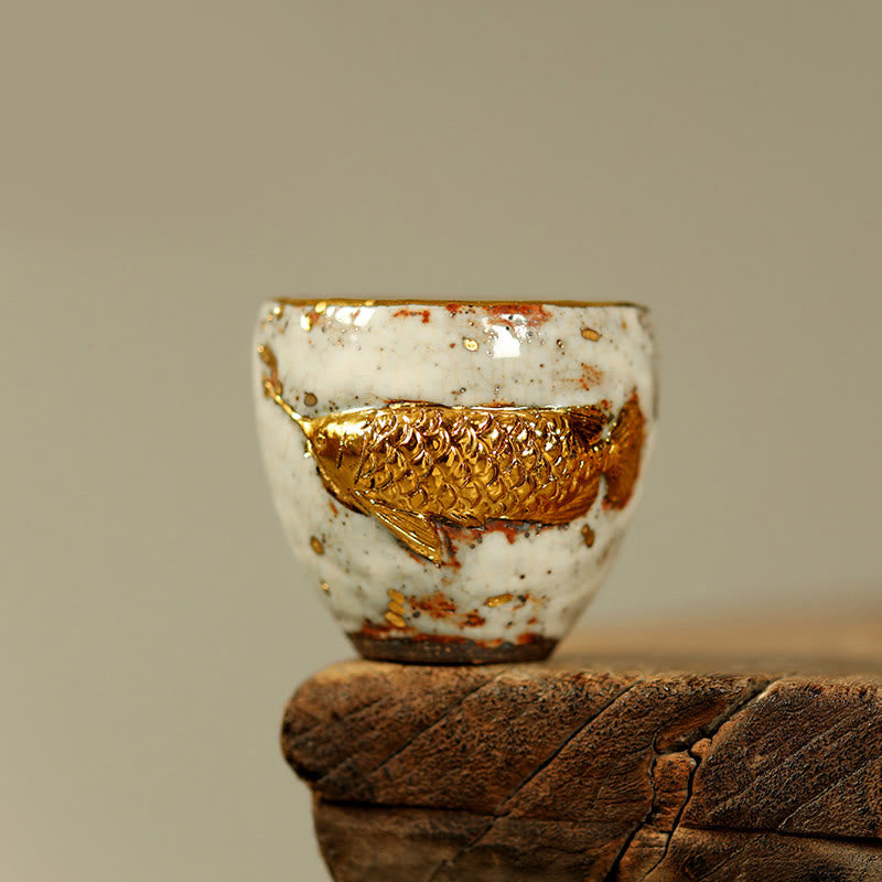 Buddha Stones Tasse à thé en céramique artisanale en forme de carpe koi arowana dorée, tasse à thé Kung Fu, théière - Tasse 6,5 cm × 6,1 cm × 100 ml - image 0