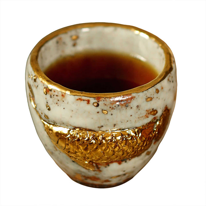 Buddha Stones Tasse à thé en céramique artisanale en forme de carpe koi arowana dorée, tasse à thé Kung Fu, théière - image 9