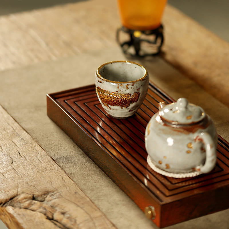 Buddha Stones Tasse à thé en céramique artisanale en forme de carpe koi arowana dorée, tasse à thé Kung Fu, théière - image 11