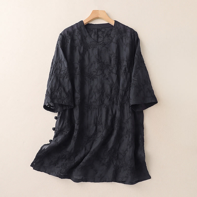 Buddha Stones Chemise en coton à manches longues et col en V pour femme, motif feuilles, idéale pour le printemps - Noir - US8-10，UK/AU12-14，EU40-42 (2XL) - image 8