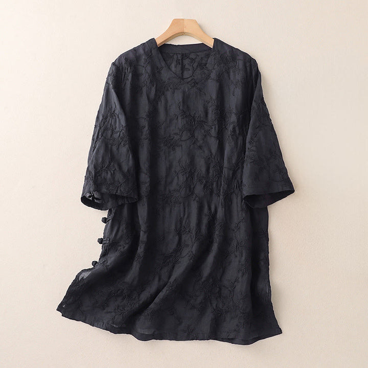 Buddha Stones Chemise en coton à manches longues et col en V pour femme, motif feuilles, idéale pour le printemps - Noir - US8-10，UK/AU12-14，EU40-42 (2XL) - image 8