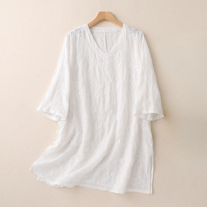 Buddha Stones Chemise en coton à manches longues et col en V pour femme, motif feuilles, idéale pour le printemps - Blanc - US8-10，UK/AU12-14，EU40-42 (2XL) - image 9