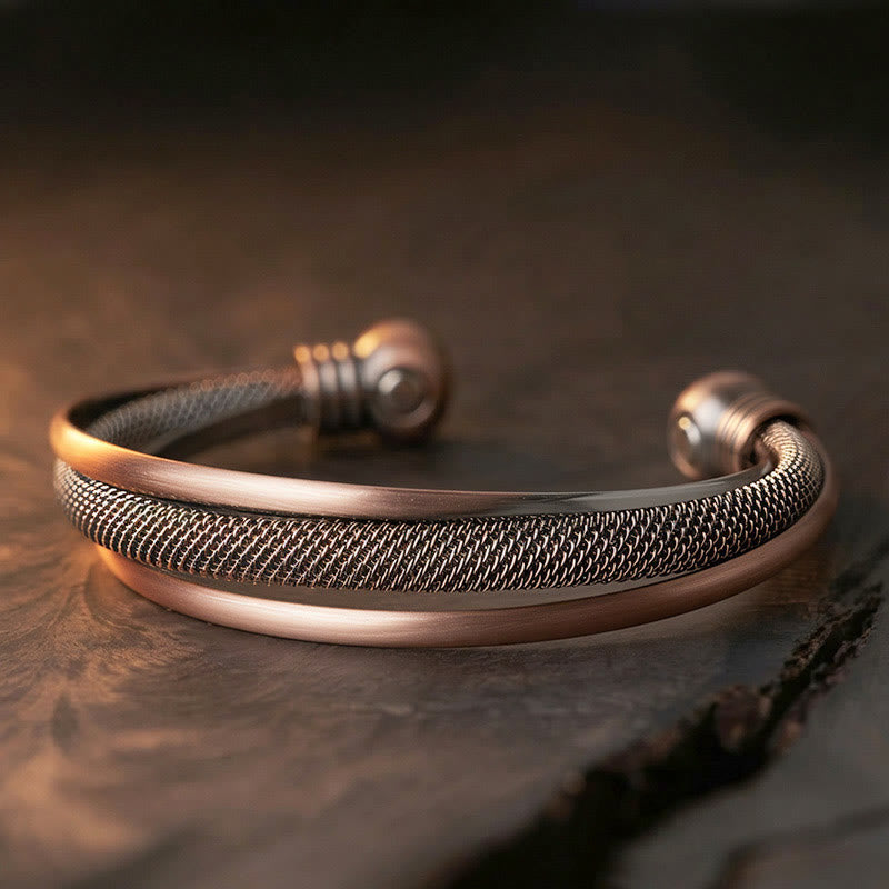 Buddha Stones Bracelet manchette ouvert en cuivre torsadé à motif floral texturé rétro, symbole de chance et d'équilibre. - Bord lisse (Diamètre intérieur : 59 mm) - image 0