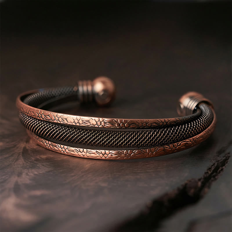 Buddha Stones Bracelet manchette ouvert en cuivre torsadé à motif floral texturé rétro, symbole de chance et d'équilibre. - À motifs (Diamètre intérieur : 59 mm) - image 6