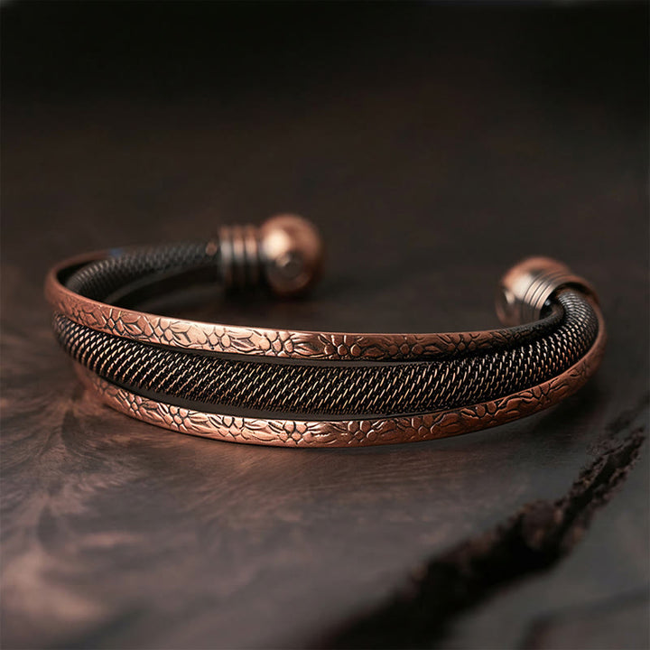 Buddha Stones Bracelet manchette ouvert en cuivre torsadé à motif floral texturé rétro, symbole de chance et d'équilibre. - À motifs (Diamètre intérieur : 59 mm) - image 6
