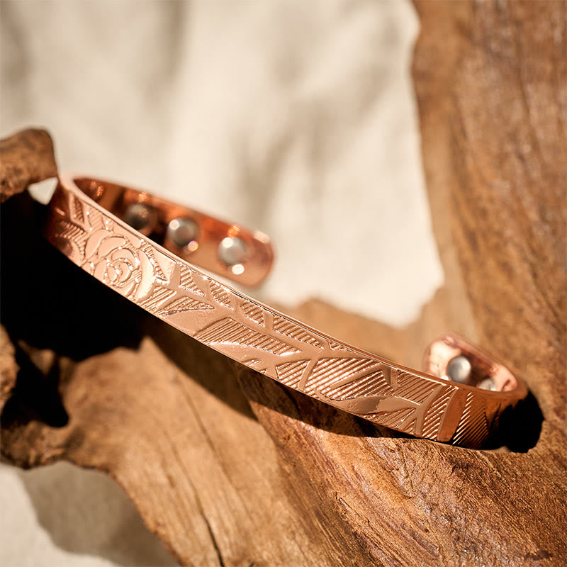 Buddha Stones Bracelet jonc ouvert en cuivre à motif de rose, symbole de chance et d'équilibre. - image 8