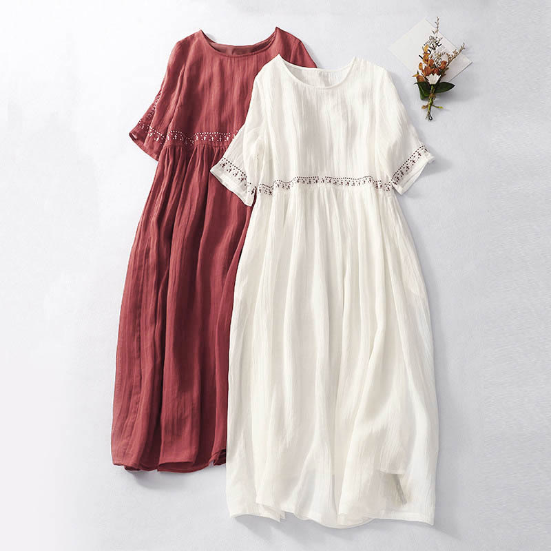 Robe midi en coton à manches courtes et poches, brodée de Buddha Stones, couleur unie - image 0