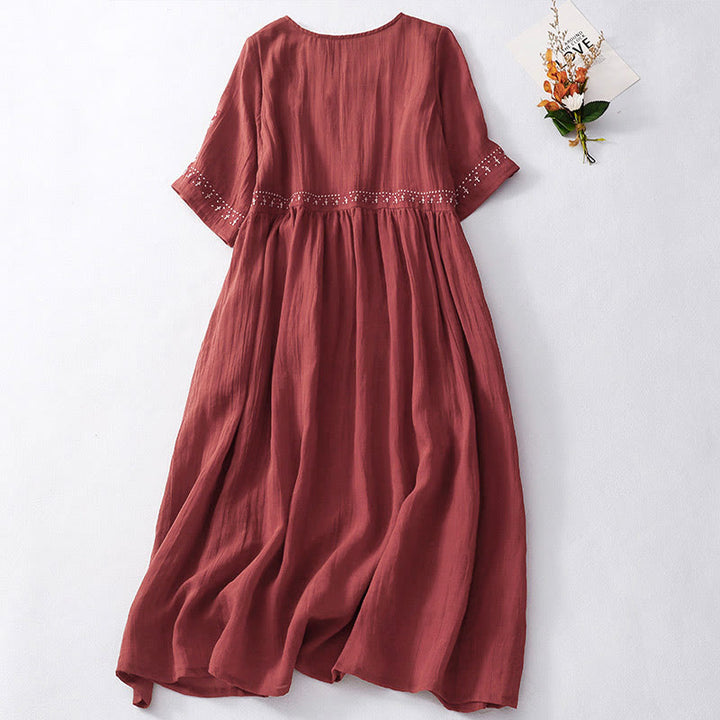 Robe midi en coton à manches courtes et poches, brodée de Buddha Stones, couleur unie - image 17
