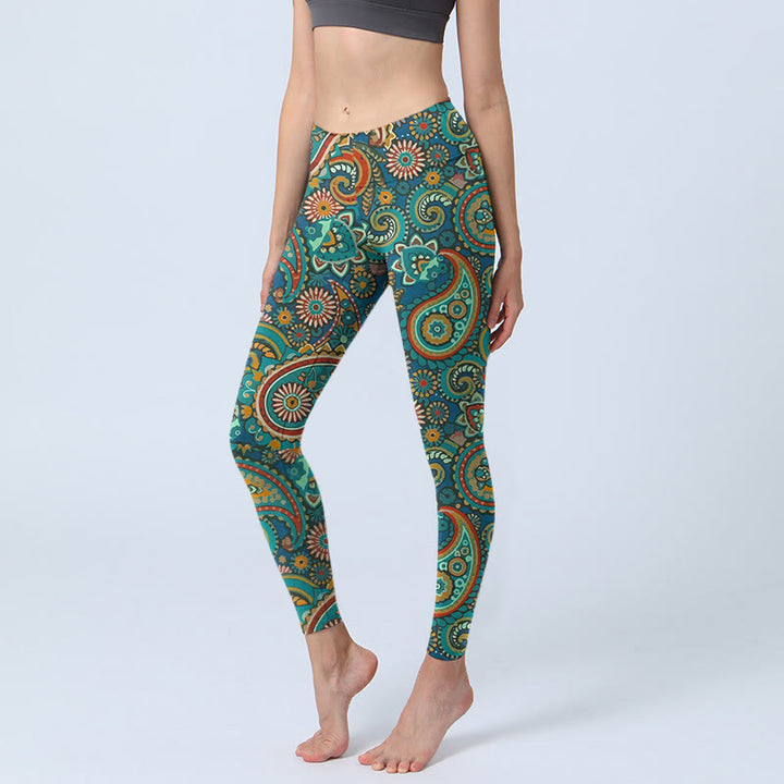 Buddha Stones Leggings de sport à imprimé cachemire rétro, pantalon de yoga pour femme - SteelBlue - US18，UK/AU22，EU50 (4XL) - image 0