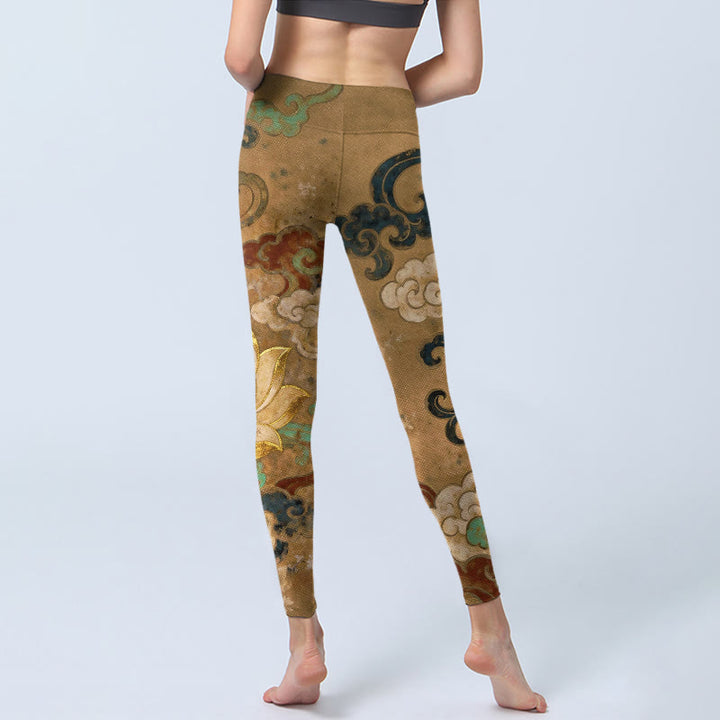 Buddha Stones Leggings de sport pour femmes, imprimés avec un motif traditionnel de fleurs de lotus et de nuages, style yoga. - image 6