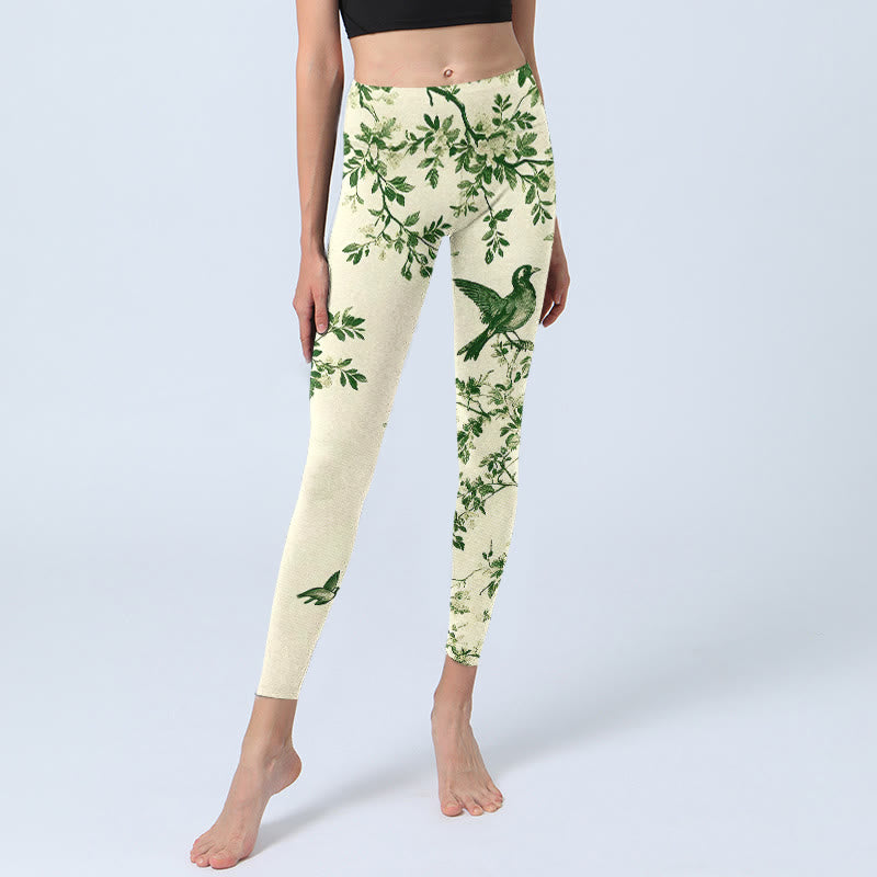 Buddha Stones Leggings de sport pour femmes, imprimé motif arbre frais, fleurs, feuilles et oiseaux, pantalon de yoga - image 5