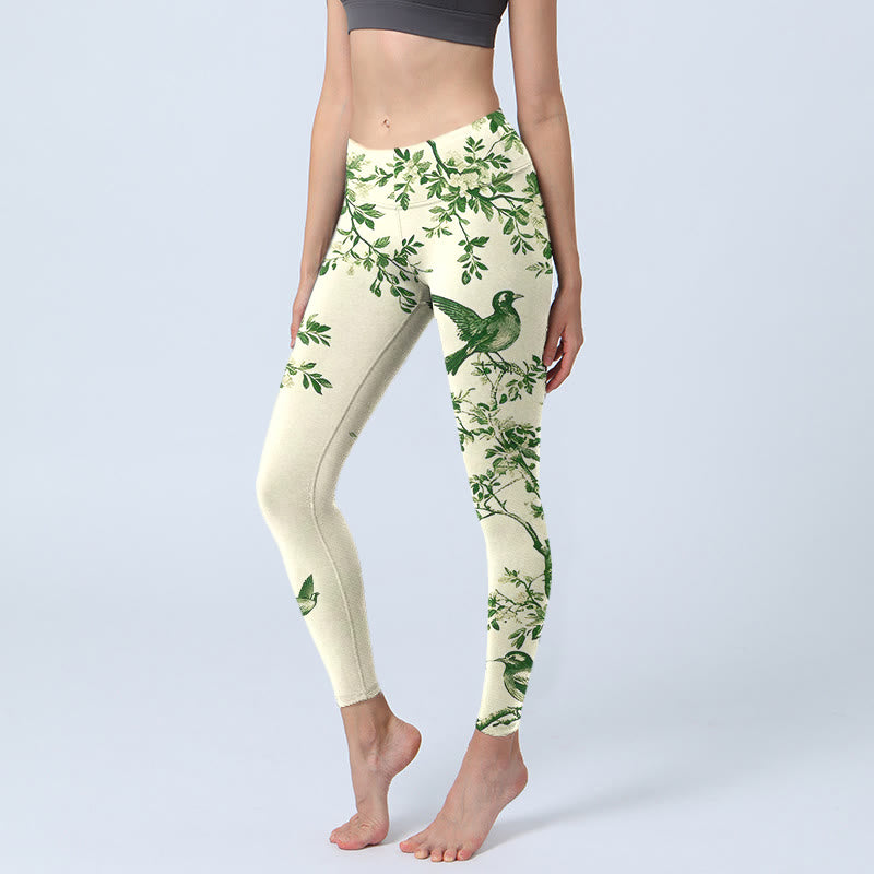 Buddha Stones Leggings de sport pour femmes, imprimé motif arbre frais, fleurs, feuilles et oiseaux, pantalon de yoga - Beige - US18，UK/AU22，EU50 (4XL) - image 0
