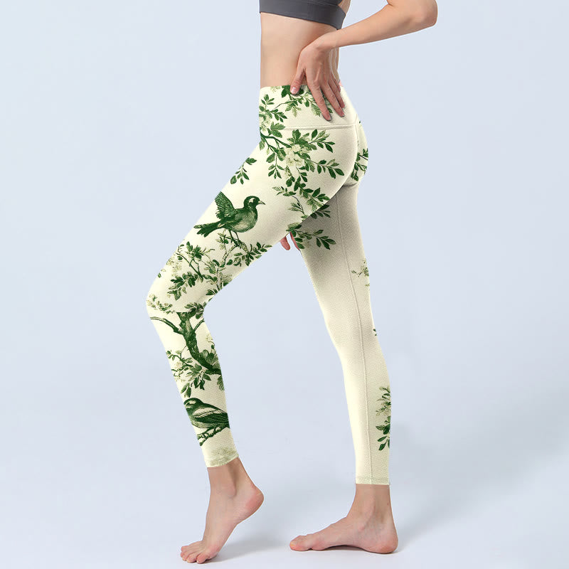 Buddha Stones Leggings de sport pour femmes, imprimé motif arbre frais, fleurs, feuilles et oiseaux, pantalon de yoga - image 2